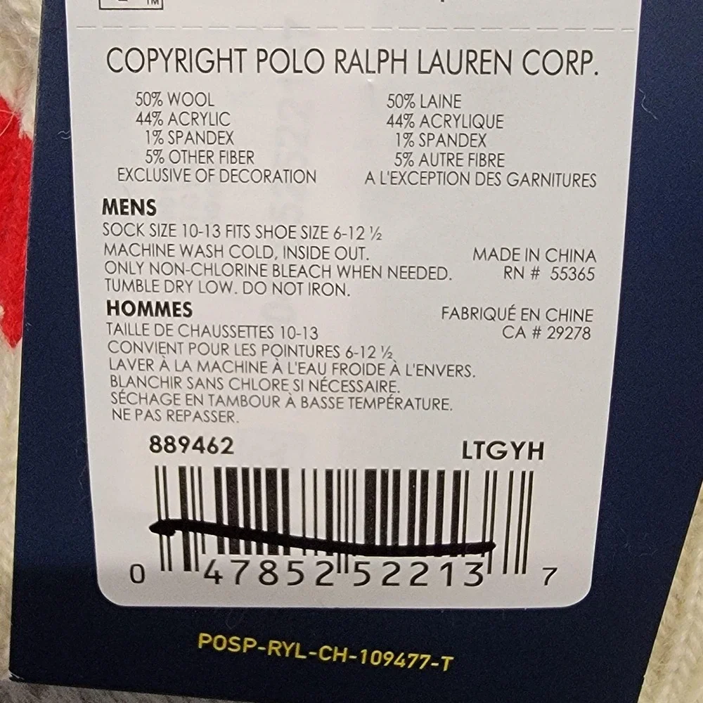 Polo Ralph Lauren Ragg Wool Boot Socks Mens 10-13 Gray Red Stripe Pony Mid Calf